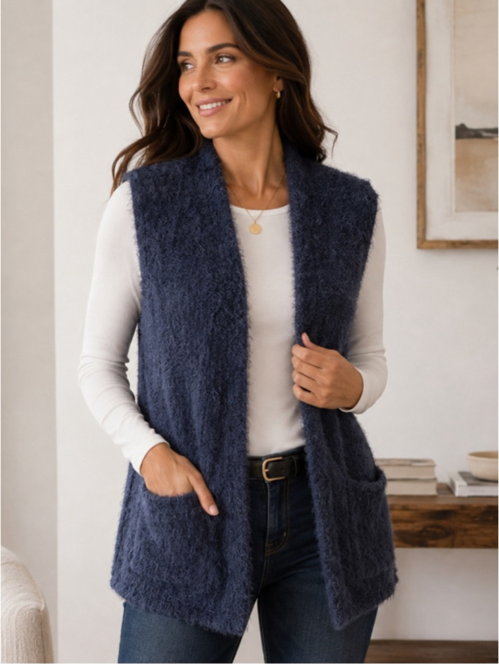 Olsen Europe Cozy Navy Fuzzy Open-Front Vest Pockets Size L Minimalist Knit